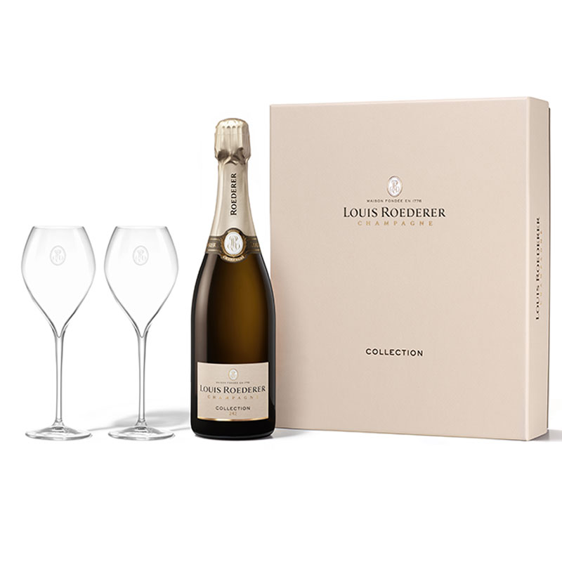 Louis Roederer Collection 243 in gift packaging with two glasses