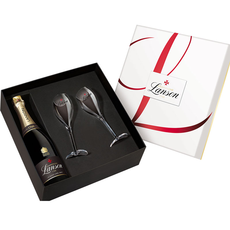Lanson Le Black Label Brut luxury gift pack with glasses