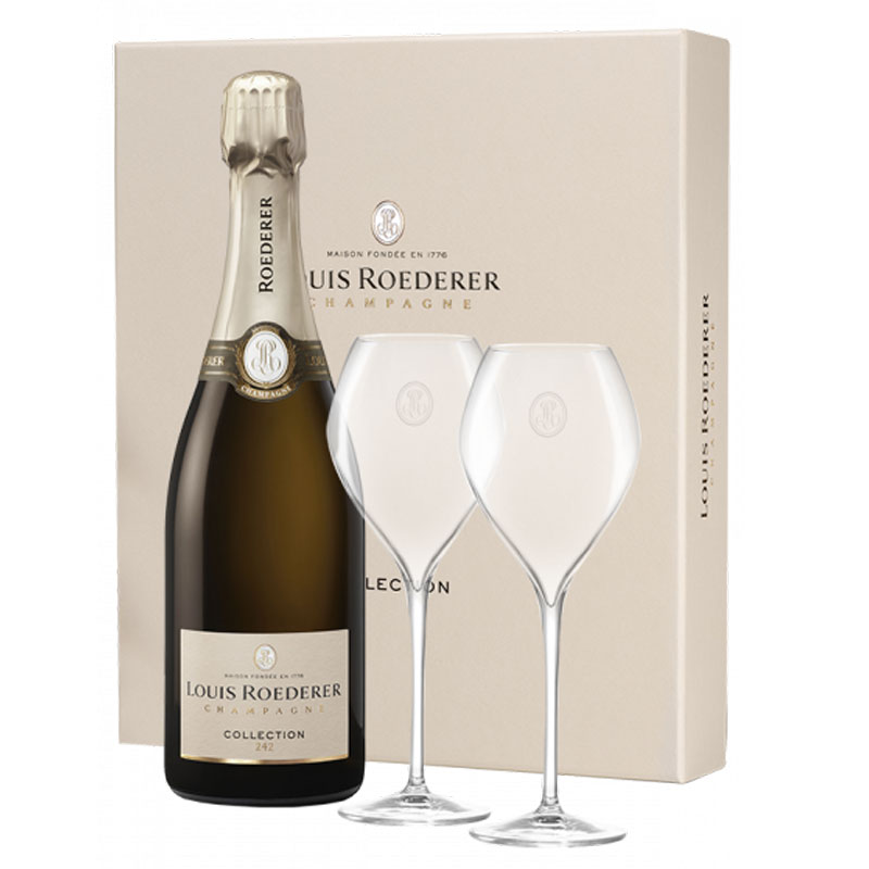 Louis Roederer Collection 243 in gift packaging with two glasses